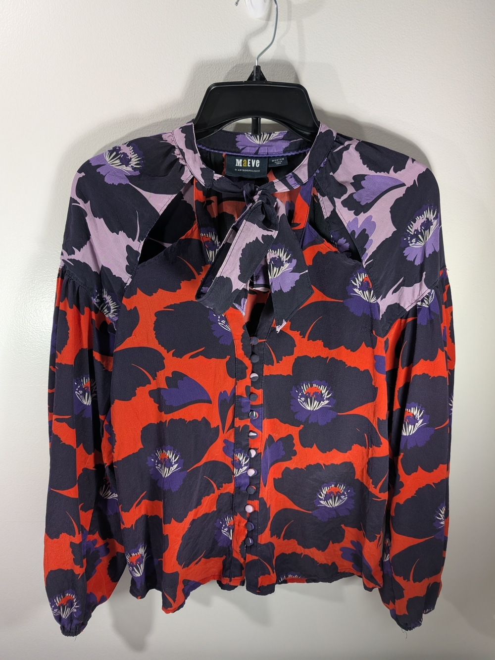 Maeve Anthropology Red, Purple & Black Floral Tie-Neck Button-Front Shirt